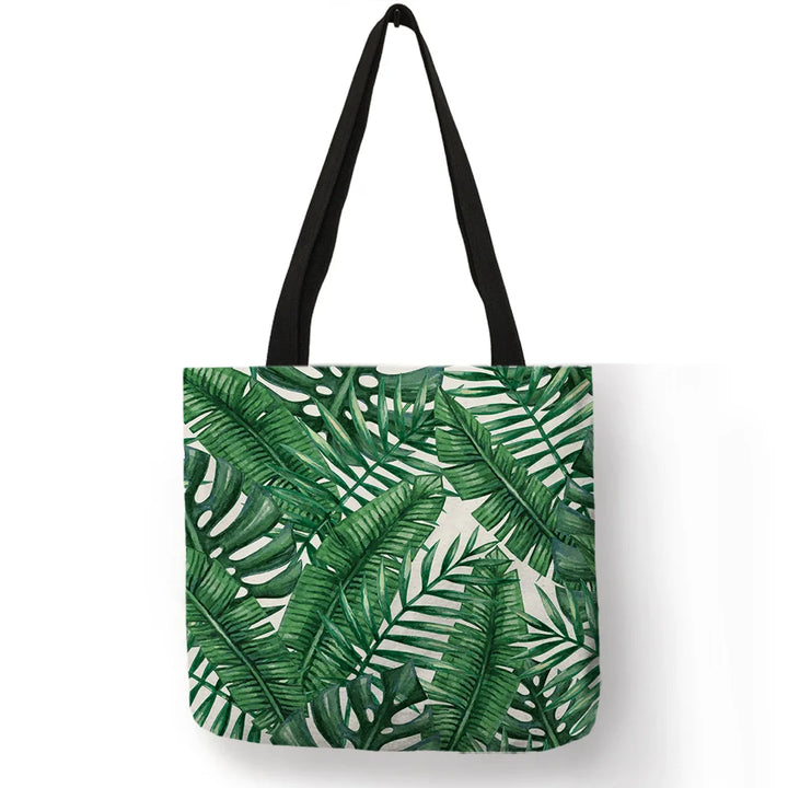 Super Fresh Style Women Lady Casual Shoulder Bag Tropical Green Plant Leaf Painting Handbag Daily Easy Carry Folding Linen Totes