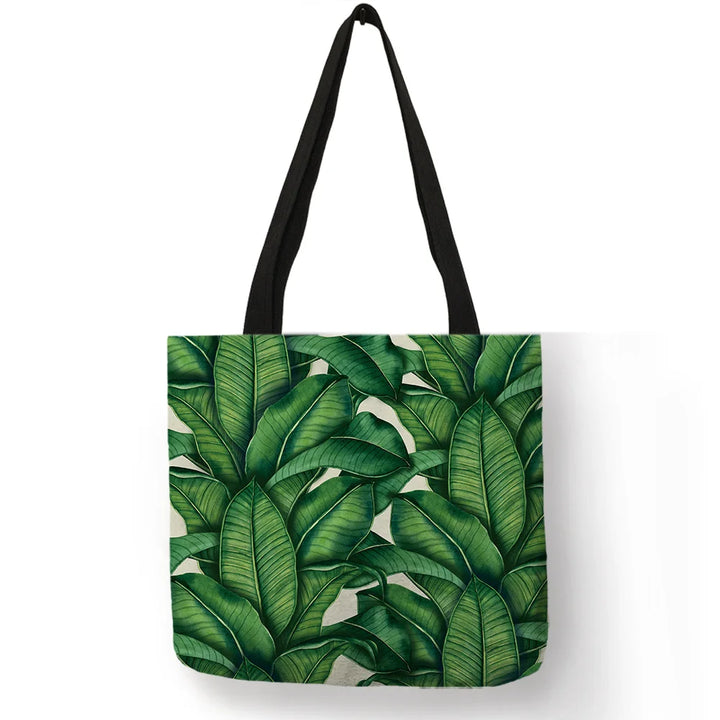 Super Fresh Style Women Lady Casual Shoulder Bag Tropical Green Plant Leaf Painting Handbag Daily Easy Carry Folding Linen Totes