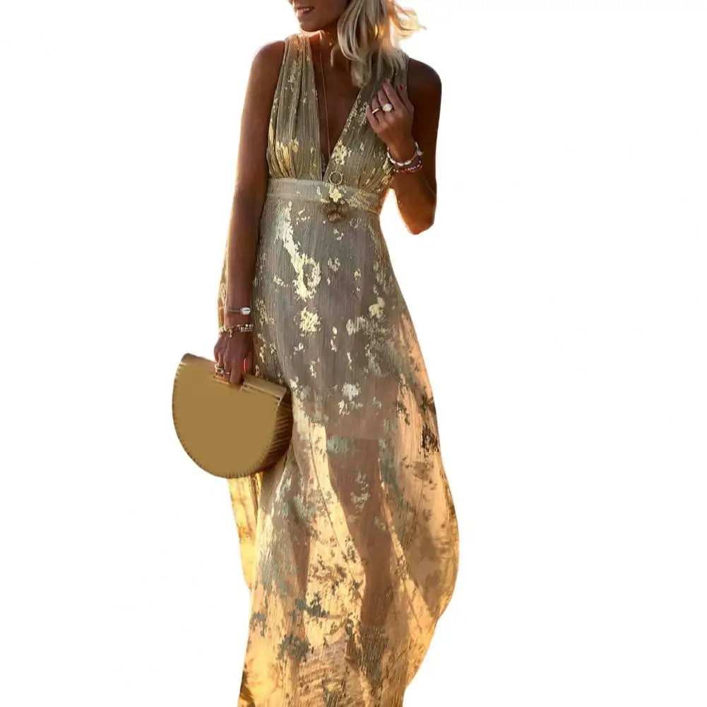 Woman wearing a Light Yellow Beach Party Dress holding a matching handbag on a white background