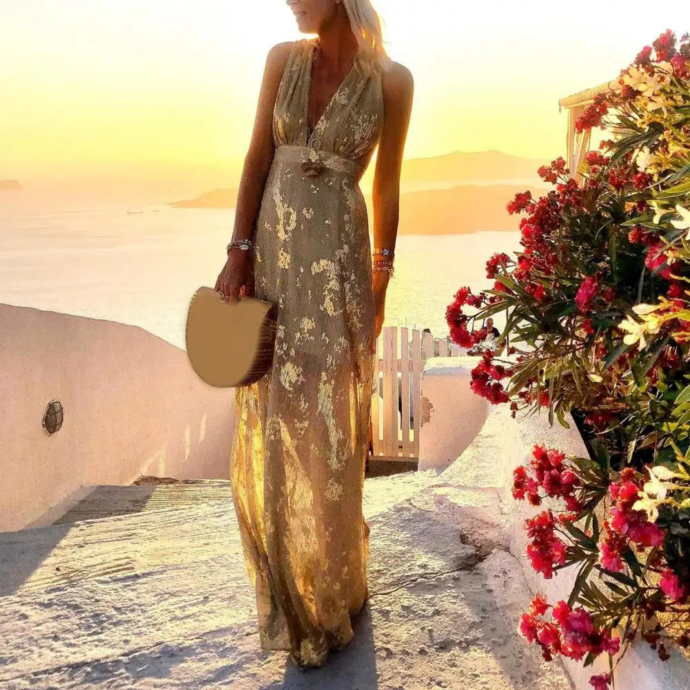 Bronzing print maxi beach dress in light yellow with V-neck design