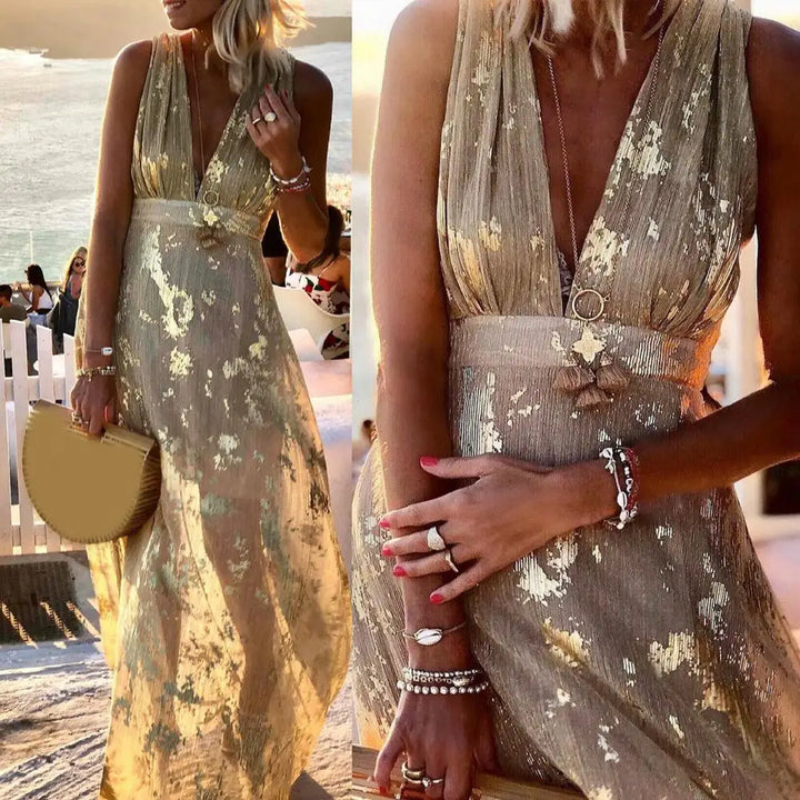 Woman wearing a light yellow bronzing party dress with close-up details at an outdoor event.