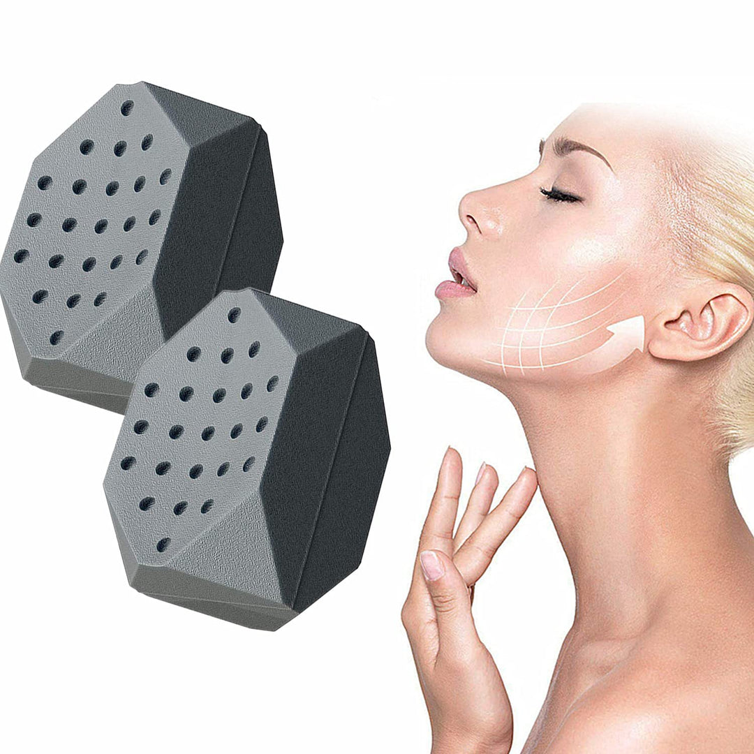 Two hexagonal gray jawline exercisers with a woman using one on her face.