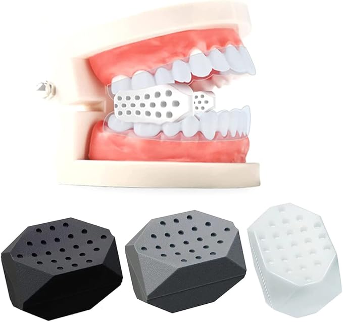Mini Jawline Exerciser with a dental model in the background, which demonstrates how to use it.