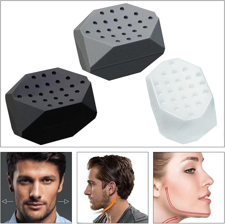 Mini Jawline Exerciser in black, grey, and white, with a man and woman showing before and after use on their faces.
