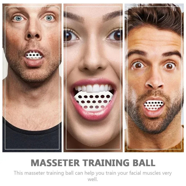 Three individuals are holding a Mini Jawline Exerciser in their mouths, accompanied by a text explaining its usage.