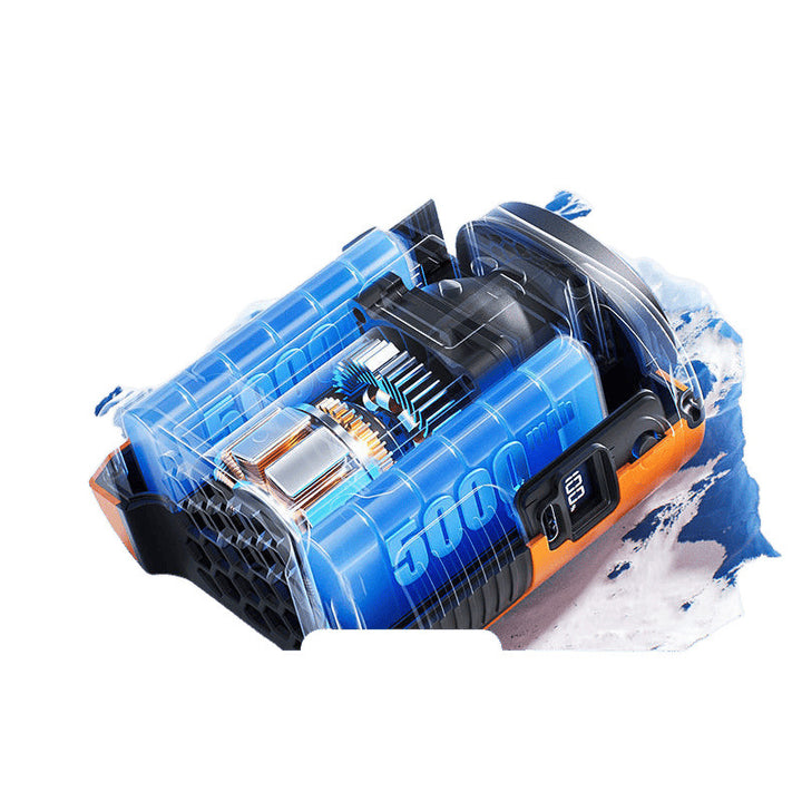 Close-up of a powerful 500W blue and black portable cooling fan showcasing its internal components.