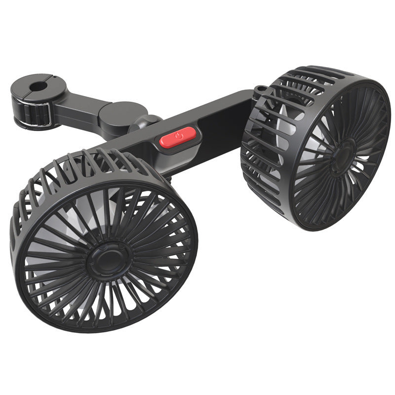 Adjustable car backseat fan with dual rotors and power button for optimal ventilation.