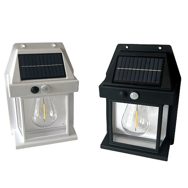 Two outdoor waterproof solar wall lamps in white and black, designed for eco-friendly lighting.