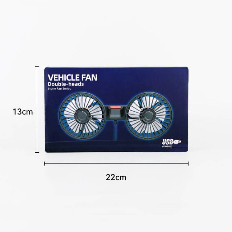 Vehicle fan with double heads in packaging, dimensions 22cm x 13cm, designed for car use.