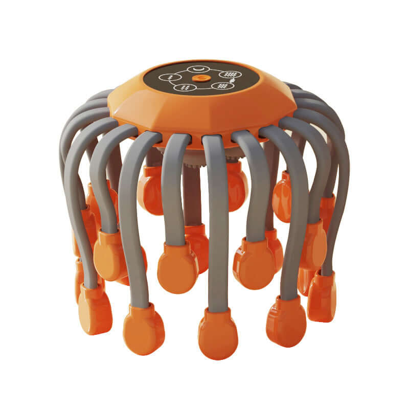 Orange Octopus head massager with twenty legs on a white background