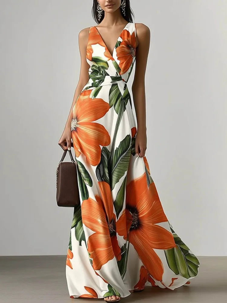Woman wearing an orange floral dress on a plain background