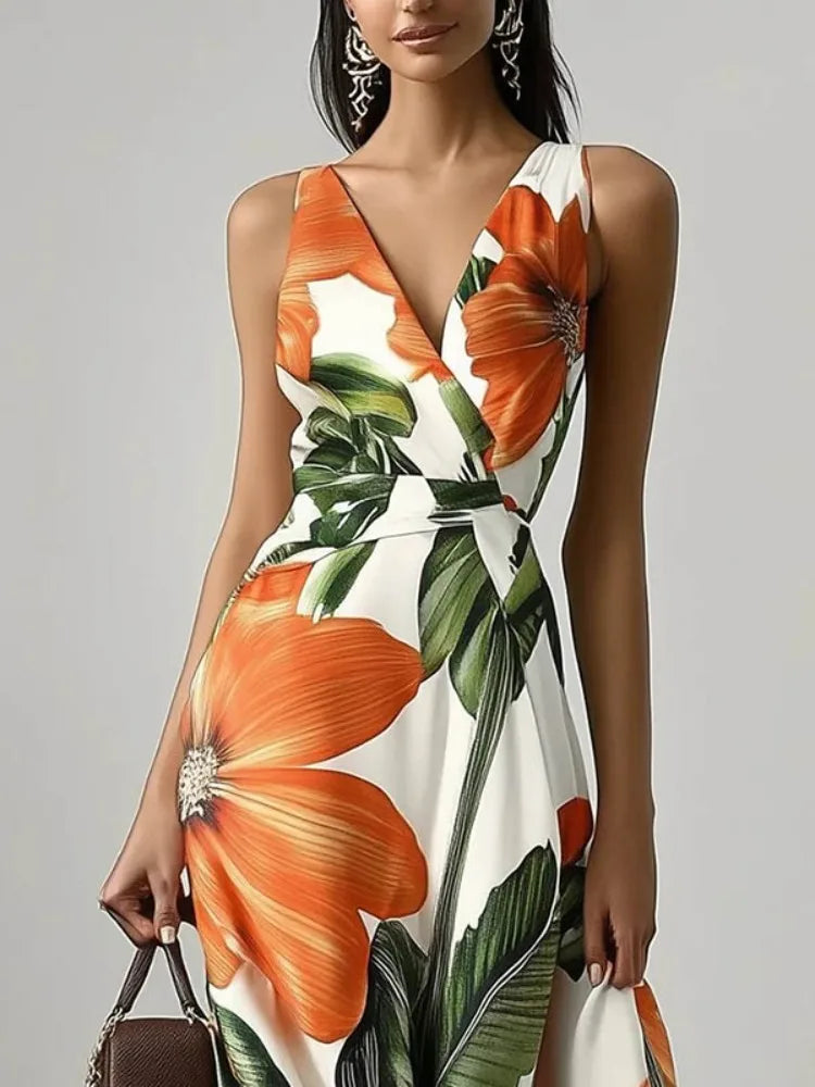 Woman wearing an orange floral dress  on a gray background