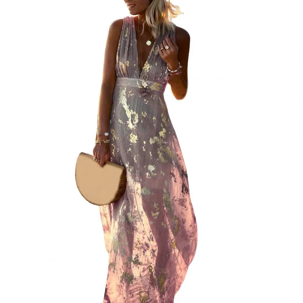 Woman wearing a pink beach party dress holding a beige handbag on a white background