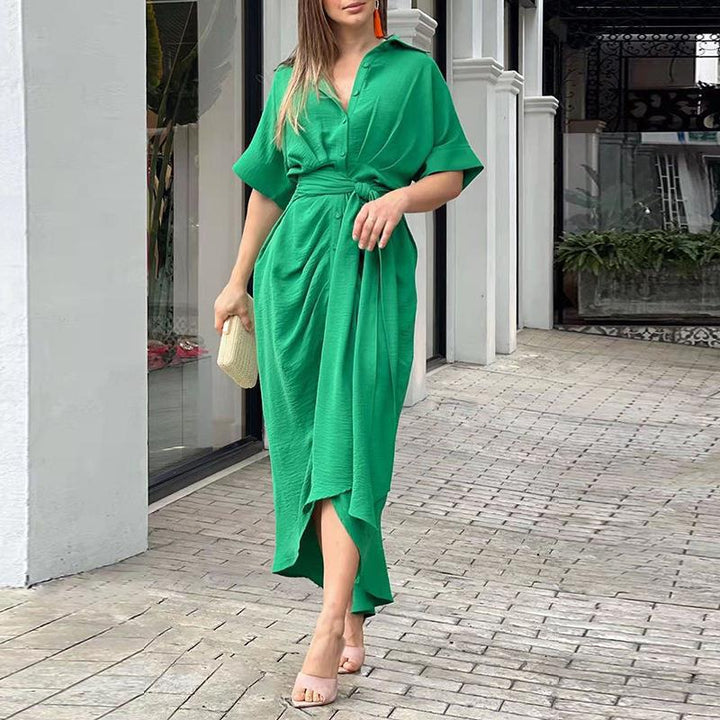 Collar mid length short sleeved single breasted high waisted shirt dress