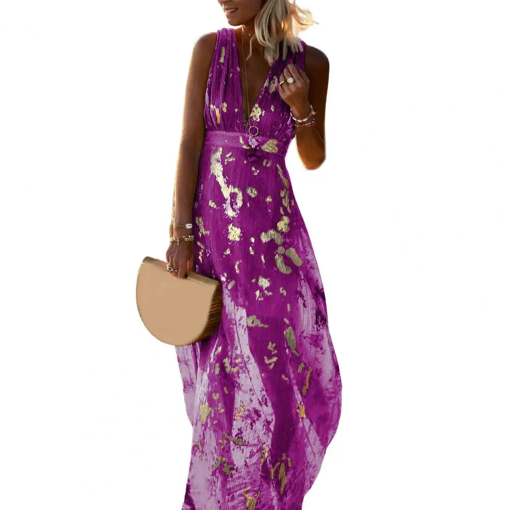 Woman wearing a Purple Beach Party Dress holding a beige handbag on a white background