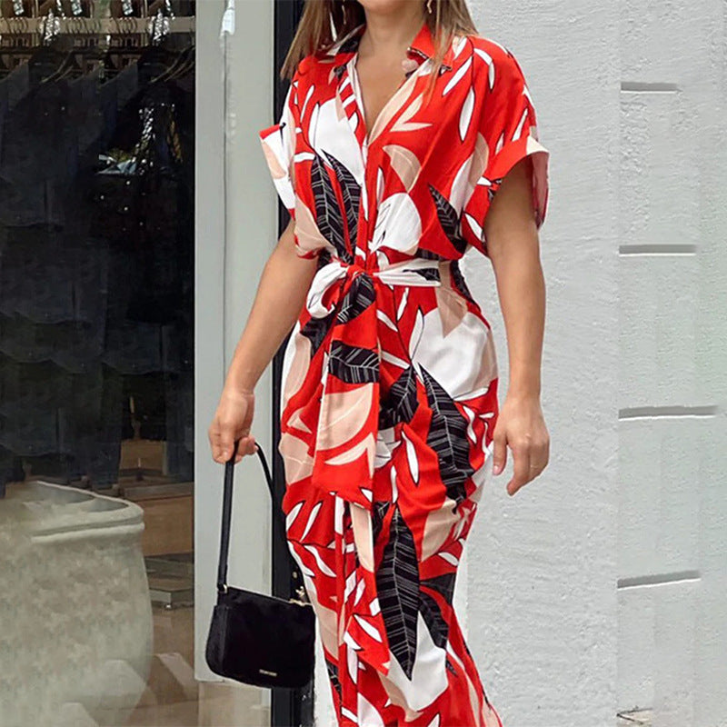 Collar mid length short sleeved single breasted high waisted shirt dress