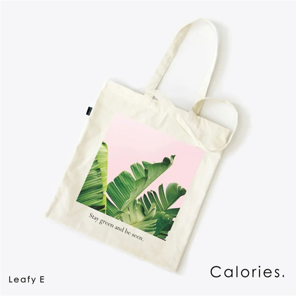 MINISO Tropical Green Plant Simple Canvas Bag Women Fashion green leaf casual large capacity shoulder bag Reusable shopping bag