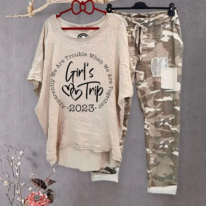 Women Cotton Blend Sportswear Set featuring a casual tee and camo pants for girls' trip 2023.