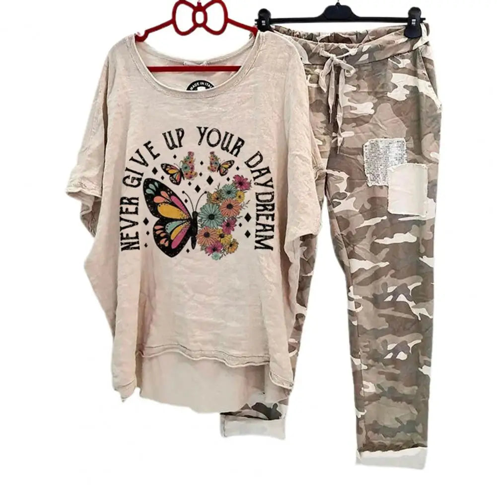 Women Cotton Blend Sportswear Set featuring a butterfly graphic top and camouflage pants.