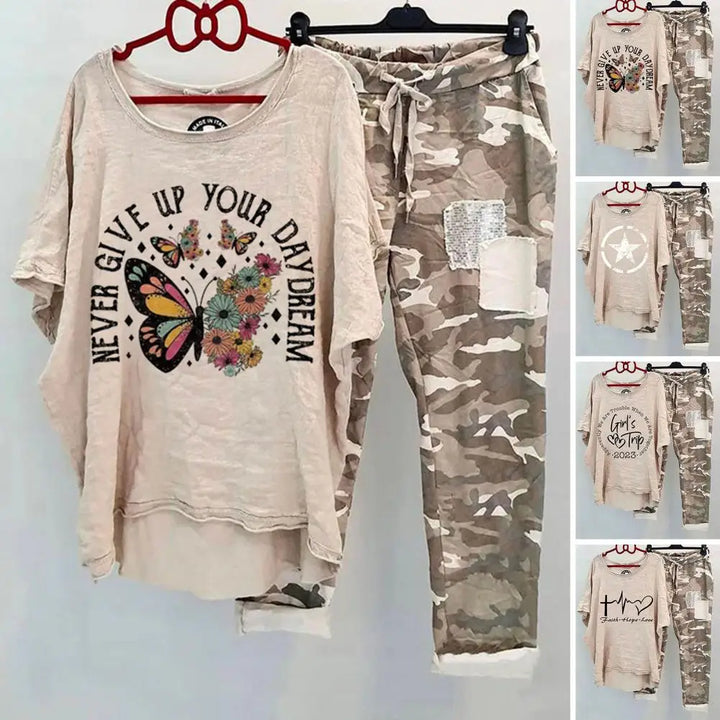 Women Cotton Blend Sportswear Set featuring a floral graphic top and camo pants.
