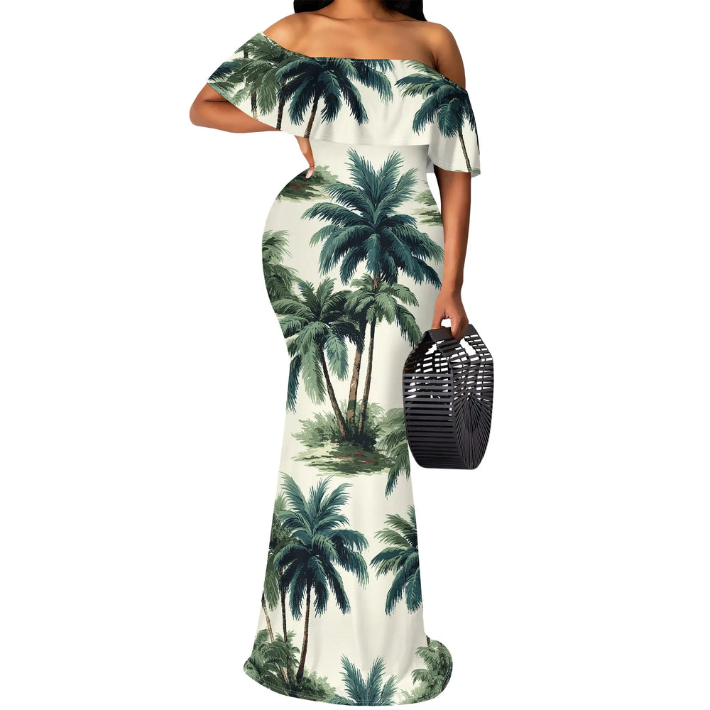 Woman wearing a palm tree summer off shoulder dress dress on a white background