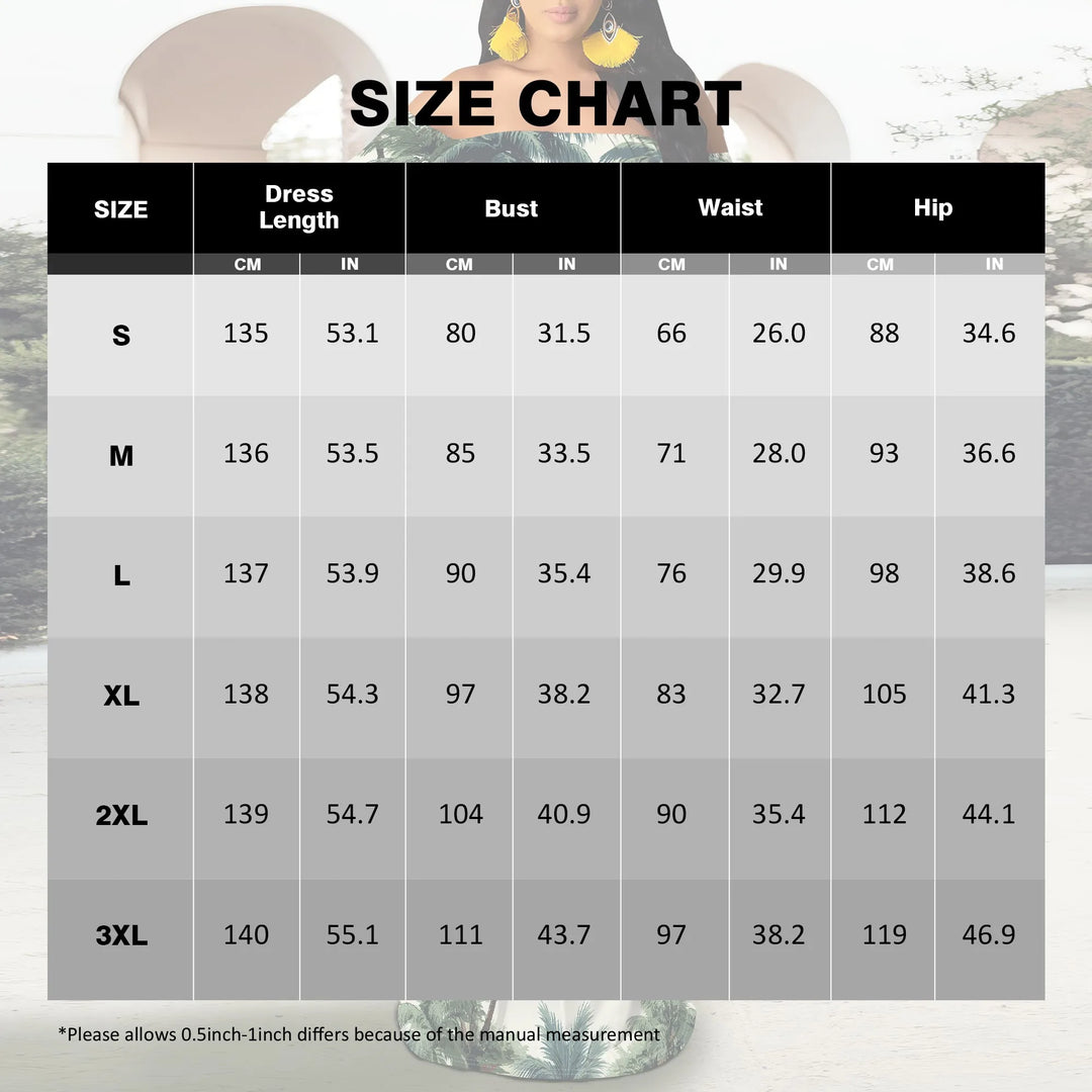Size chart for summer off-shoulder dresses with measurements in centimeters and inches.