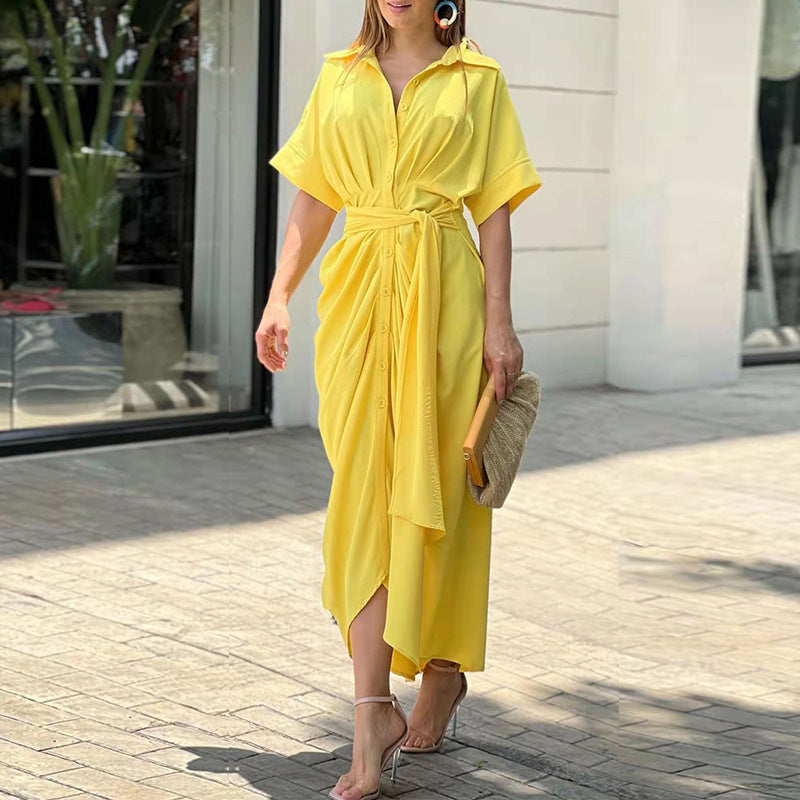 Collar mid length short sleeved single breasted high waisted shirt dress