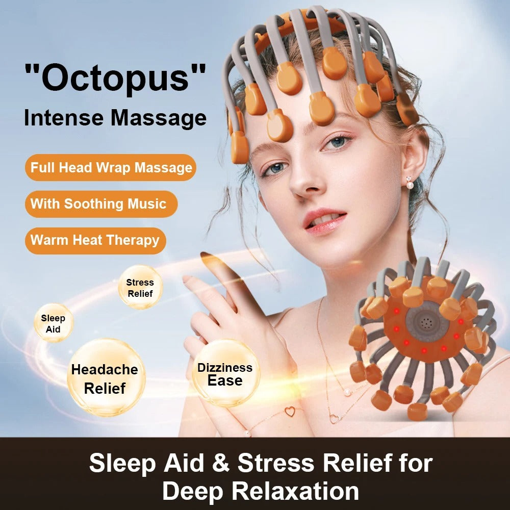 Octopus Head Massager providing intense scalp massage, sleep aid, and stress relief with heat therapy.