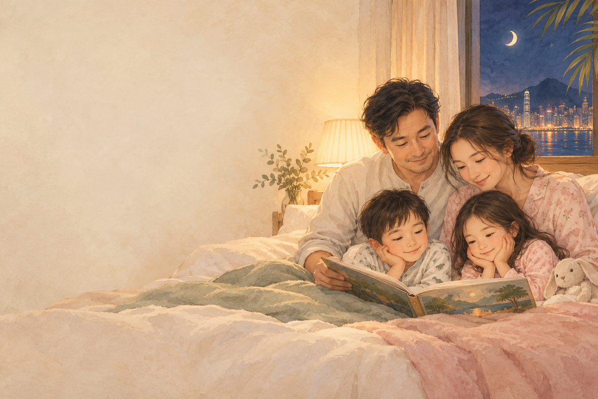 一家四口在柔和燈光下共讀晚安故事，窗外是月夜。