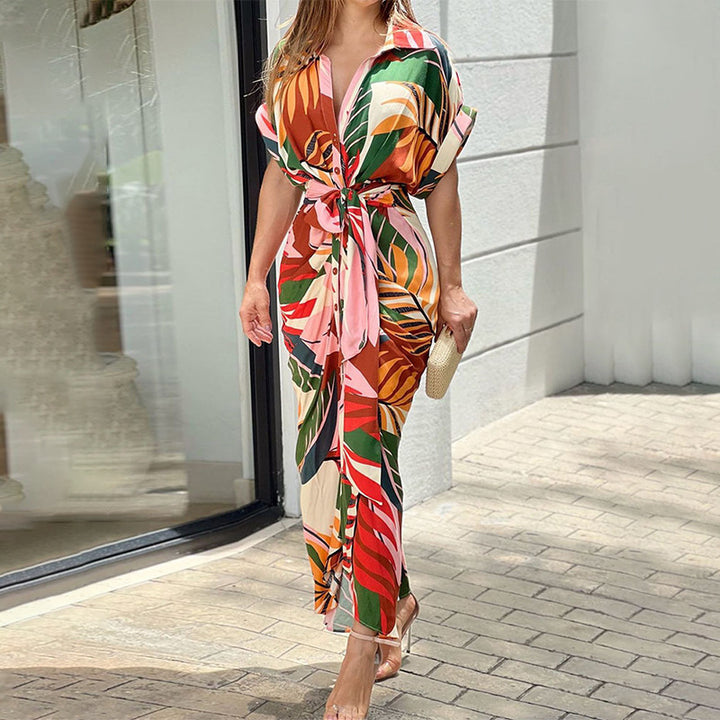 Collar mid length short sleeved single breasted high waisted shirt dress