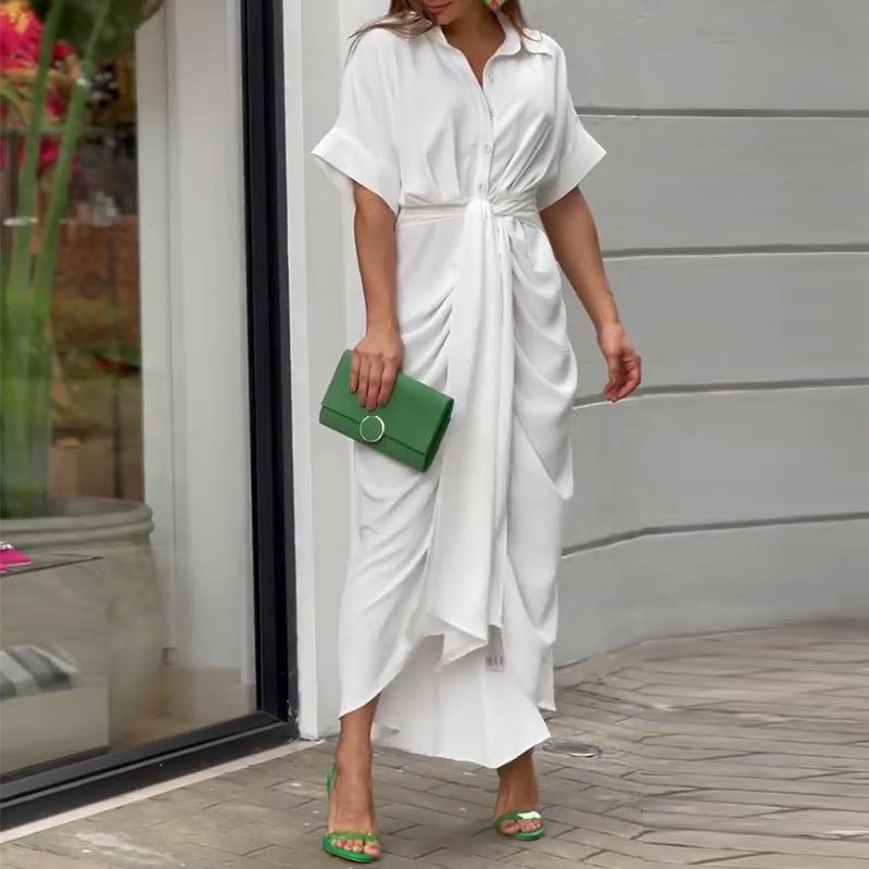 Collar mid length short sleeved single breasted high waisted shirt dress